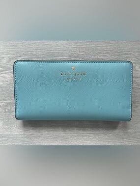 kate spade Turquoise Saffiano Leather Zip Wallet with Gold Logo